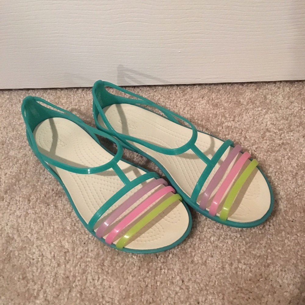 CROCS Teal Sandals with Pink and Lime Straps